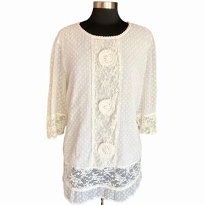 Frock & Frill Swiss Dot Lace Medallion Embellished Tunic Top Sz 12 Boho Cottage